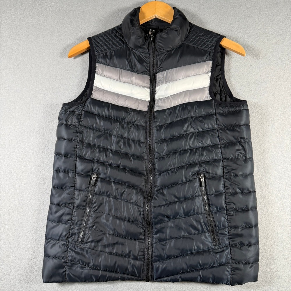 Fabletics Womens Puffer Vest Black Grey White Stripe Zip Up Small VT1510225-0611